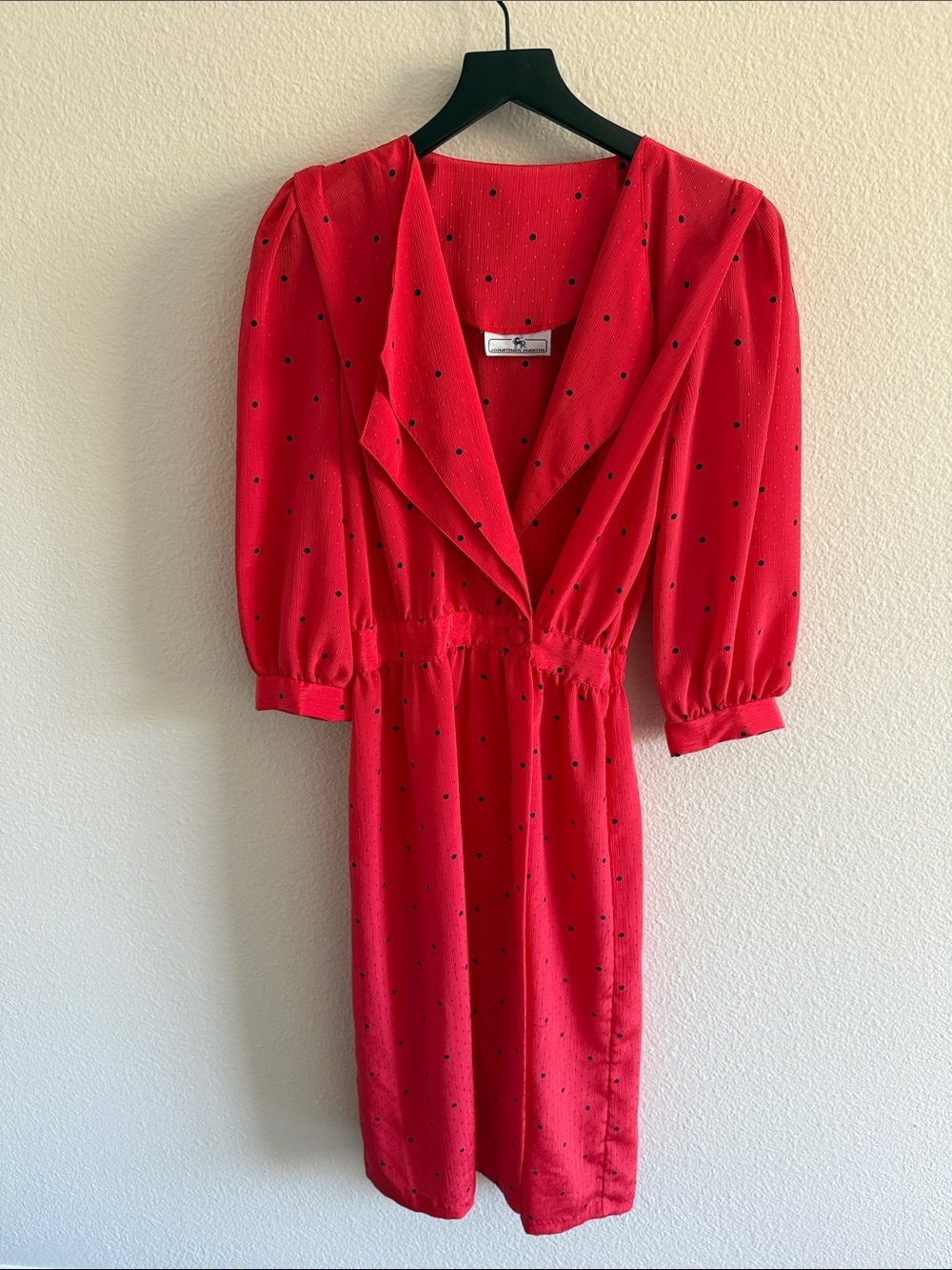 Vintage Jonathan Martin Red and Navy Polka Dot Puff Sleeve Midi Dress Size 6